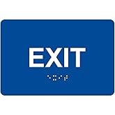 ComplianceSigns.com Exit Sign, ADA-Compliant Braille and Raised Letters, 6x4 inch White on Blue Acrylic with Adhesive Mountin