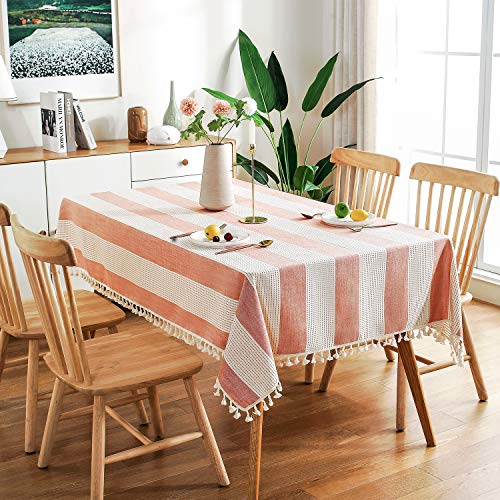 AmHoo Striped Tassel Cotton Linen Tablecloth Washable Rectanglar Table Covers for Kictchen Dining Table Decoration,54 x 86 inch, Orange