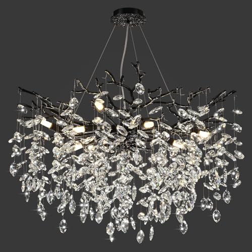 PIOUTNF Modern Crystal Chandelier, Dining Table Chandeliers, Tree Branch Chandelier Adjustable Height for Dining Room, Living Room, High Ceiling, Kitchen Island, Foyer, Black