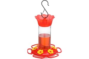 Rihogar Plastic Hummingbird Feeders for Outdoors Hanging, 1 Pack Humming Bird Feeders with 6 Feeding Ports, Built-in Ant Moat, Wild Bird Feeder for Outside Garden, Leak-Proof, Red (12 oz)
