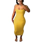 Women's Casual Slip Dress Sleeveless Bodycon Dresses Ribbed Maxi Sundress Basic Party Club Dress-Yellow-S