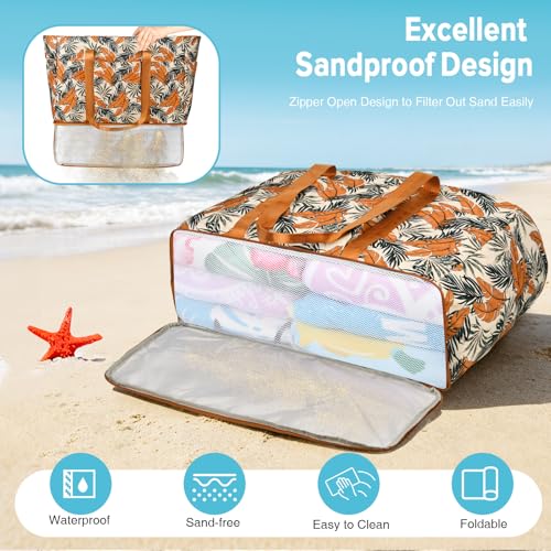 LUROON Large XXL Family Beach Bag with Zip, Waterproof, Women's Beach Bag, Foldable, Shopper, Beach Bag for Travel, Shopping, 50 x 35 x 20 cm, orange