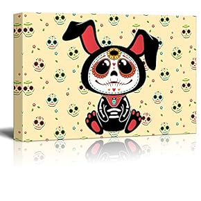 Canvas Print Wall Art - Day of The Dead (Dia De Los Muertos) Style Bunny with Skulls Background - Gallery Wrap Modern Home Art | Ready to Hang - 12x18 inches