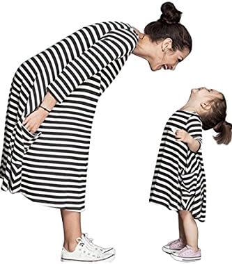 Bai You Mei Mommy and Me Matching Dresses Long Sleeve Striped Loose Tunic Swing T-Shirt Dress with Pocket XL