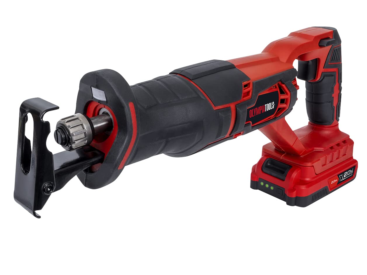 Olympia Tools X20S™ Reciprocating Saw 20V 1 x 2.0Ah Li-ion Comfortable Soft Grip Handle and an Adjustable Base Also Offers Tool-Less Blade Change