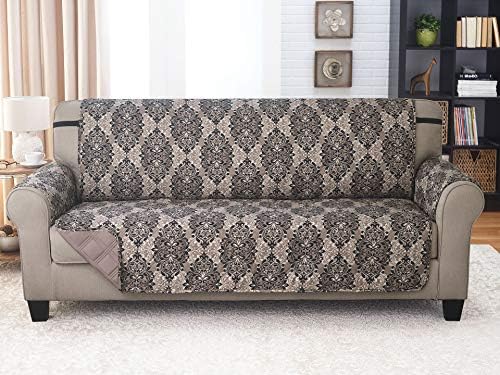 Couch Guard Sofa Cover, Slipcover, Furniture Protector. Shield & Protects from Dogs, Cats, Pets, Kids, Stains. Reversible, Quilted with Elastic Strap. Easy Wash & Dry. French Damask & Taupe