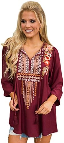 Eternal Desire Bohemian Embroidery Burgundy Sleeved Blouse Top - Small