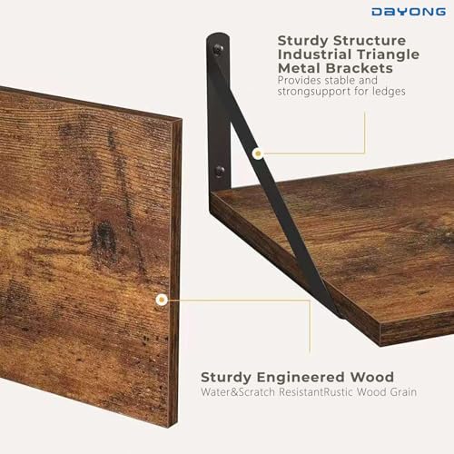 DAYONG Deep Wall Mounted Floating Shelf, 16W x 12D Rustic Wood Floating Shelves with Metal Brackets, Set of 2 Hanging Shelf for Kitchen, Living Room, Bathroom and Bedroom Decor (Rustic Brown)