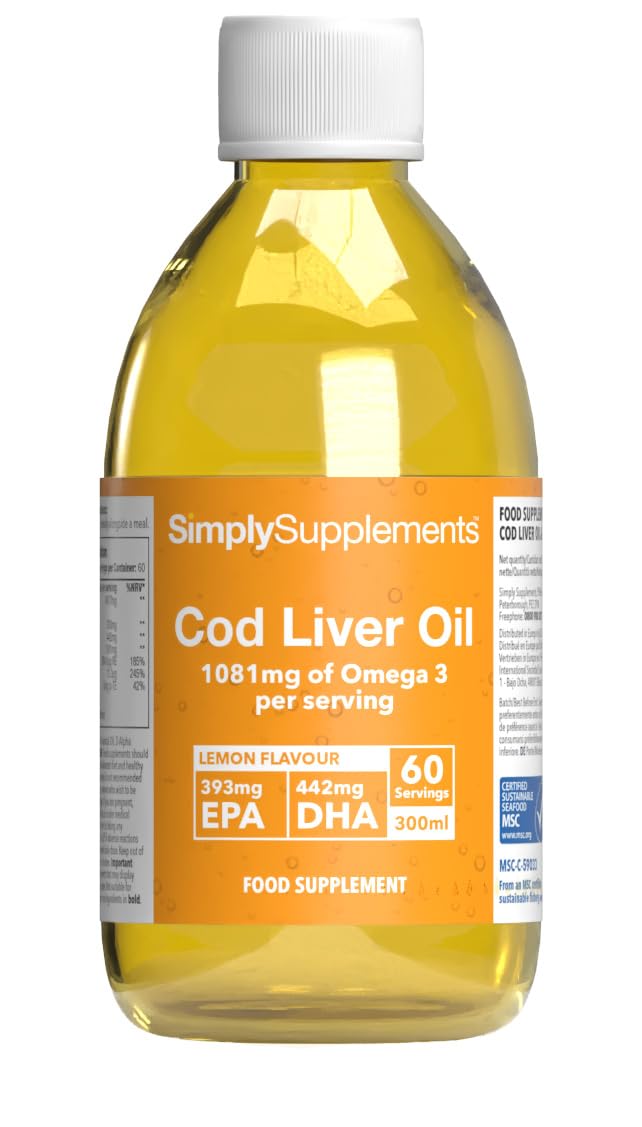 Cod Liver Oil Liquid Supplement | Supports Heart, Brain, Eye & Immune Health | High in DHA & EPA | Natural Lemon Flavour | 60 Servings (60ml) | Made in The UK | Made with MSC-Certified Cod Liver Oil