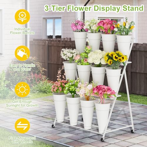 Flower Stand, 3 Tier Flower Display Stand with 12 Buckets, Upgrade Double Circle No Shaking, Outdoor Flower Cart with Wheels for Home, Patio, Garden, Shop, Wedding, Party, Exhibition, Indoor, White (White)