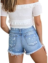 Pantalones cortos de mezclilla con estampado de salpicaduras y dobladillo deshilachado para dama