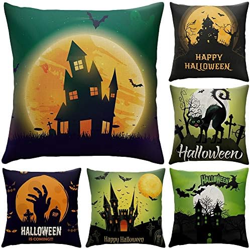 JuneJour Set of 4/6 Throw Cushion Cover Halloween Pillow Cases Decorative Polyester Linen Square Single-sided Printing Pillow Covers for Home Office Sofa Couch Car 45 * 45cm