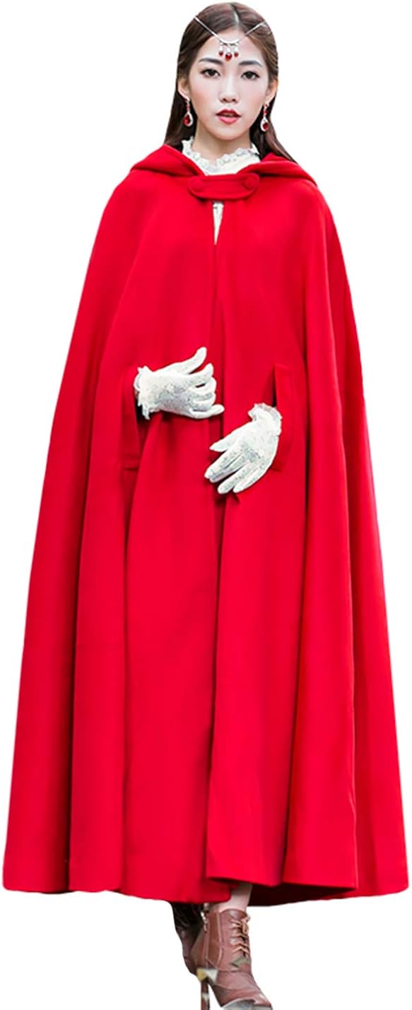 Gihuo Women's Wool Hooded Cape Solid Color Maxi Cloak Trench Coat (Black, One Size): Clothing