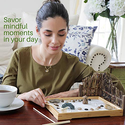 ENSO Japanese Zen Garden Kit for Desk 11x7.5 Inches Large Bamboo Tray, White Sand, River