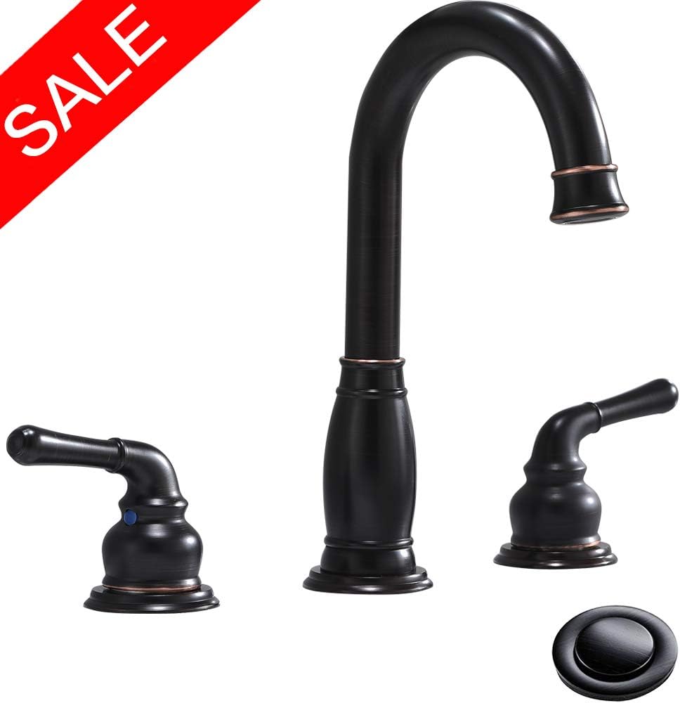 Two-Handle Three Pieces 8 inch Widespread Oil Rubbed Bronze Bathroom Faucets By Phiestina,with Valve And Metal Pop-Up Drain Assembly, WF017-8-ORB