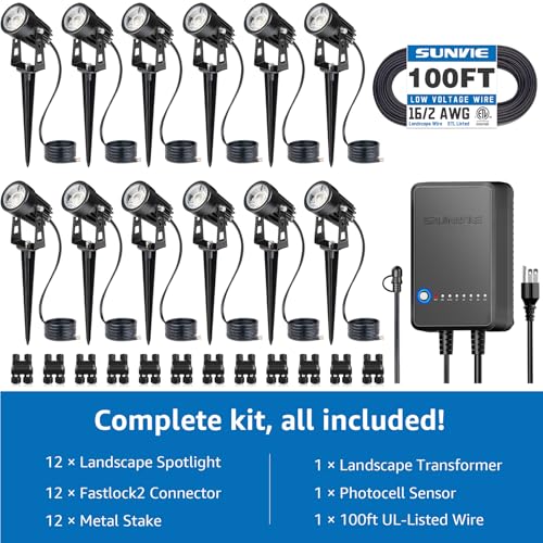 SUNVIE All-in-One LED Low Voltage Landscape Lighting Kit, 12-Pack Landscape Lights with Transformer 100FT Wire and Connectors, 3000K Waterproof Low Voltage Landscape Lights for Garden Yard House Tree