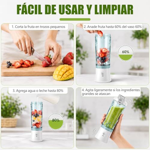 Licuadora Portatil, Licuadora con Bloqueo de Seguridad, 600 ml Licuadora Personal Recargable Adecuada, Blender Adecuada para Viajes y Fitness con Tapa Antiderrames (Blanco)