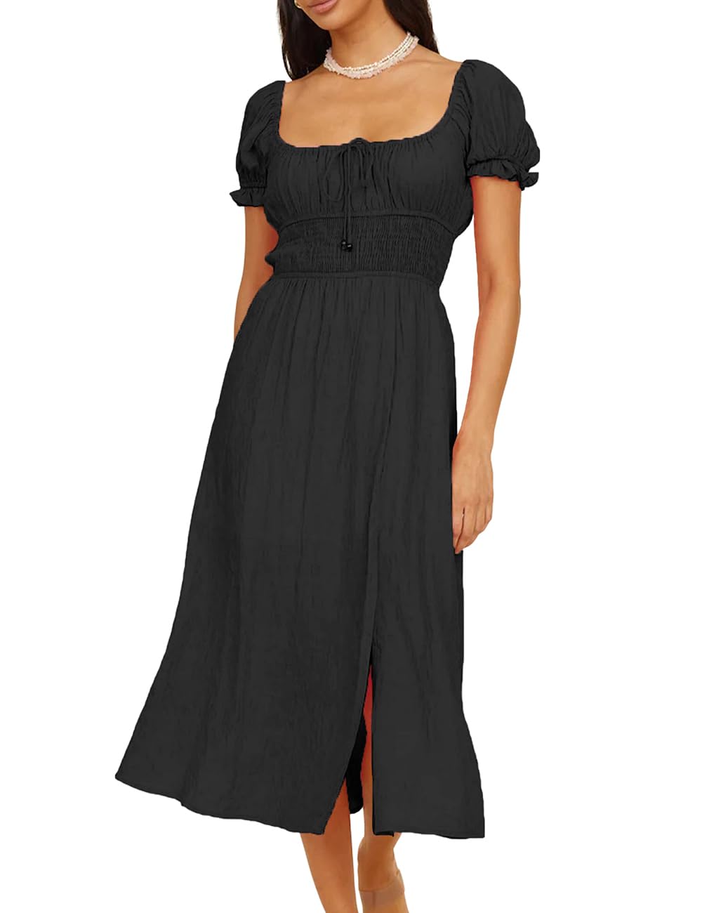 Puff Sleeve Pleated High Waist Flowy Midi Dress