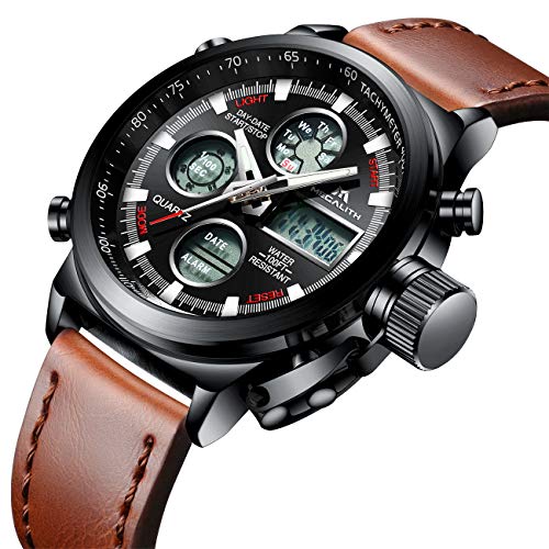 Mens Sports Watches Men Military Waterproof Big Face Analog Digital Brown Leather Band Wrist Watch (Black)