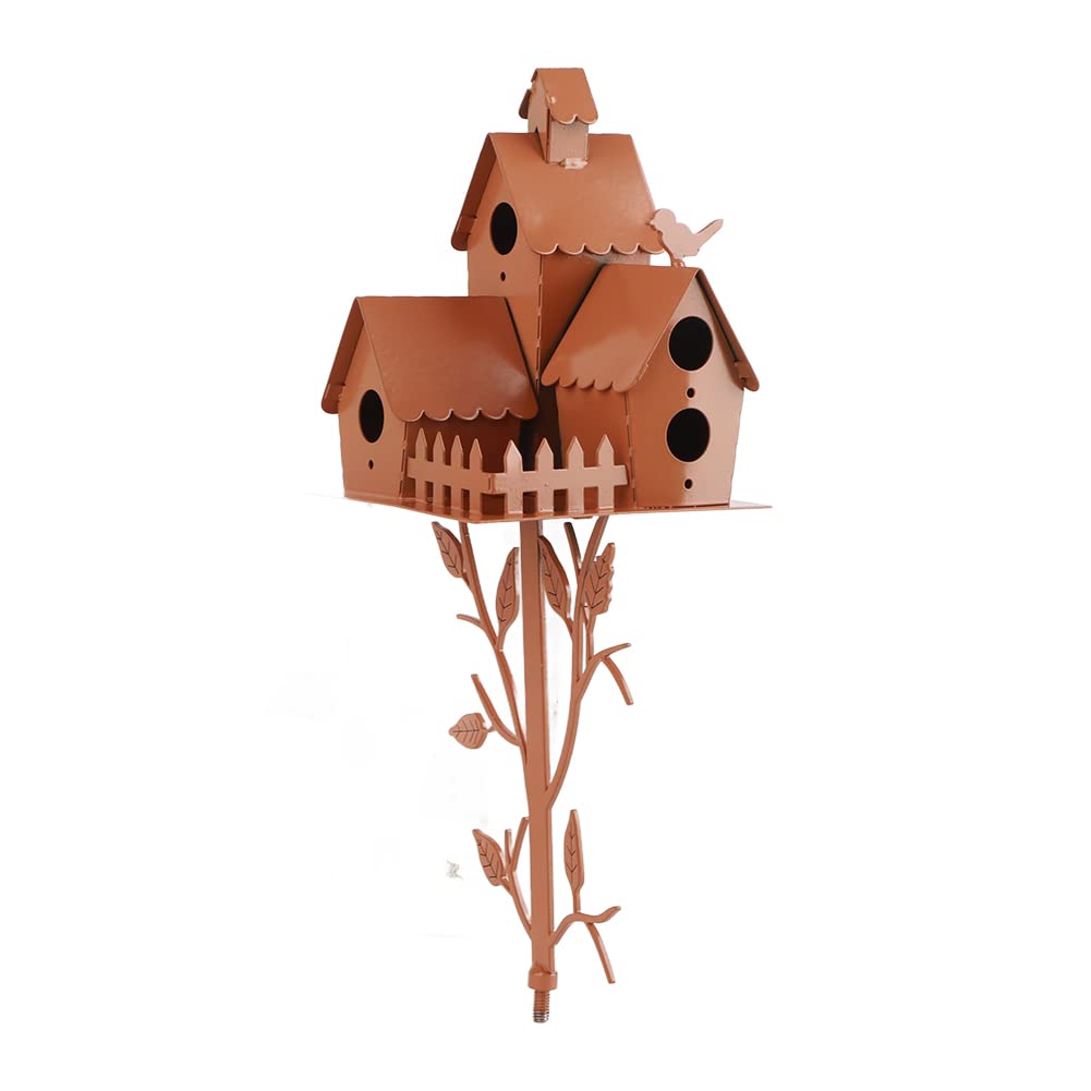 Metal Bird House with Pole, Copper Cottage Bird House Stakes, Large Bird Houses for Courtyard Backyard Patio Outdoor Garden Decor, Resting Place for Birds, Hummingbird House (E)