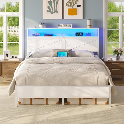 HOOBRO Full Size Bed Frame, Bed Frame with Charging Station and LED Lights, Headboard with Shelves, Heavy Duty Metal Frame, Noise-Free, Easy Assembly, No Box Springs Needed, White WT01UDBF01