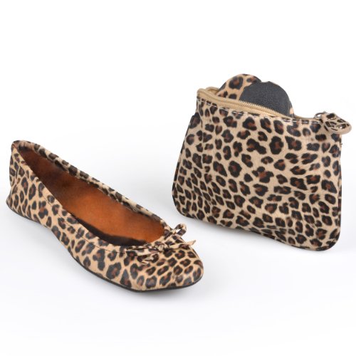Sidekicks Womens Leopard Print Foldable Ballet Flats with Carrying Case