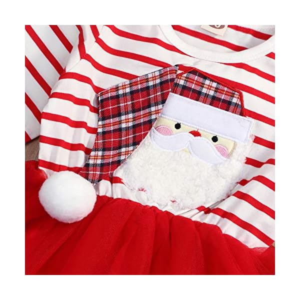 Baby Girl Christmas Outfit Toddlers Kids Santa Print Tutu Tulle Dress Long Sleeve Striped T-Shirt Dress - Image 6