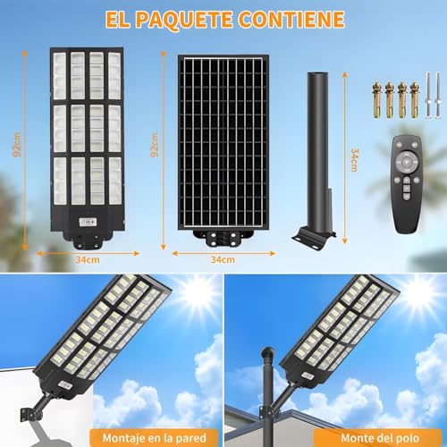 7500W Lampara Solar Exterior Potente,1680 cuentas de lámpara，Farola Solar Grande, Potente Luces con Control Remoto y Sensor de Movimiento,3 Modos Luz de Calle pared para Jardín,Patio.