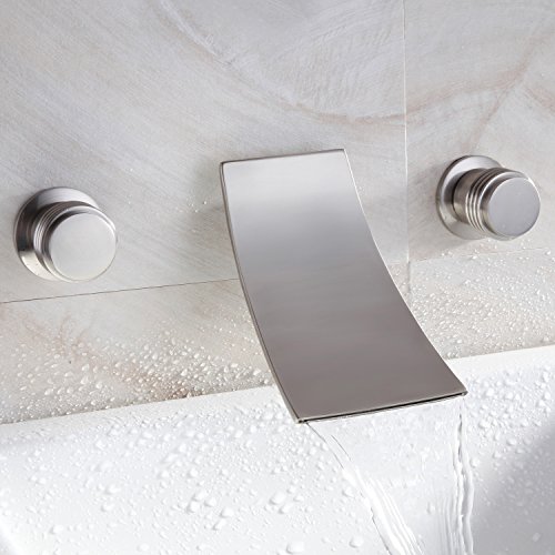 MAXSUM Double Handles Wall Mount Widespread Waterfall Bathtub Bathroom Vanity Sink Faucet Brushed Nickel Brass Wall Mount Tub Filler