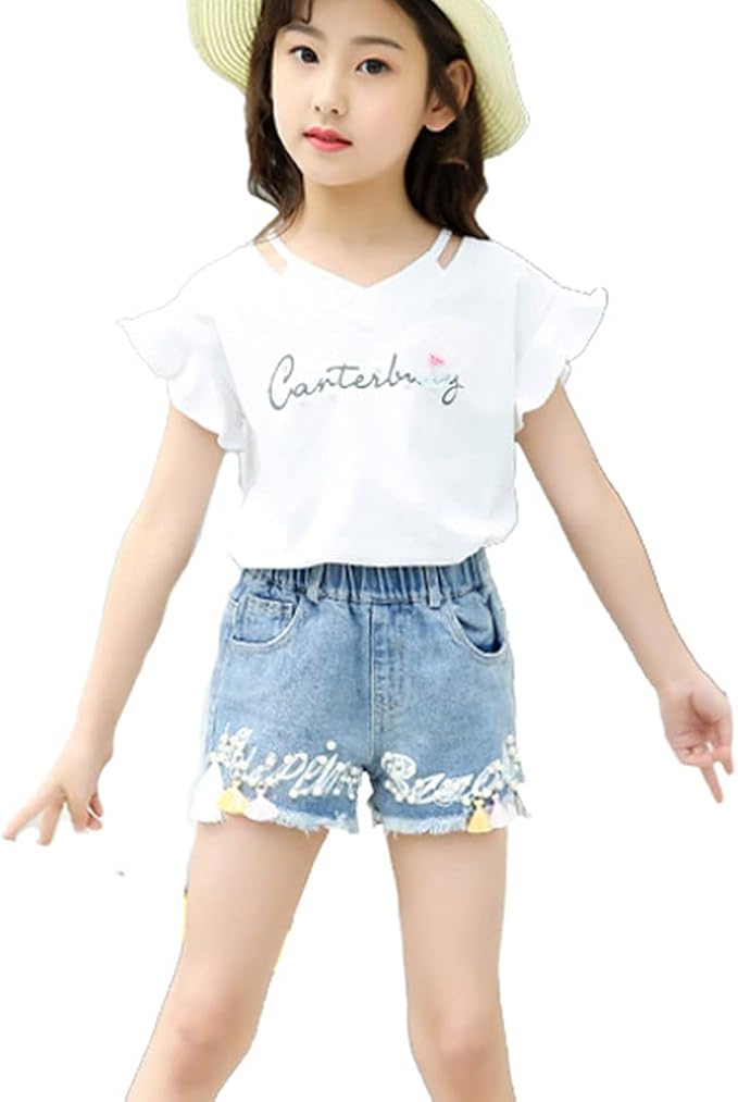 Amazon ガールズスーツ Tシャツ ショーツ2点セット デニムショートパンツ 女の子の夏服 アンサンブル 通販