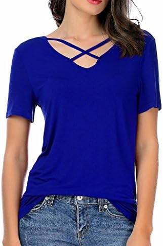 Carterstory Women Summer Tops Cross Front Deep V-Neck Short Sleeve Tees Top Blue M (001)