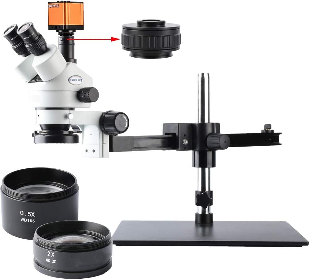 KOPPACE 3.5X-90X,Trinocular Video Microscope,16 Million Pixel,144 LED Ring Light,Includes 0.5X and 2.0X Barlow Lens,Mobile Phone Repair Microscope