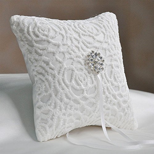 Adeeing Floral Rhinestone Lace Bridal Wedding Ring Pillow Jewelry Bearer White Cushion Holder,6 x 6 Inch - Thumbnail 4