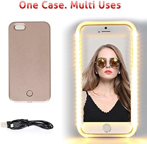 iPhone 6 6s LED Night Light case, Walnut LED Lighting Selfie Cover Fab for Selfies/Applying Make-Up/Flashlight/Videos/Facetime, Protects Phone &amp; includes Charger For iPhone 6/6S-Rose Gold