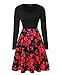 Womens Vintage Midi Dress Floral Long Sleeve A-line Cocktail Party Swing Dress with Pockets Black