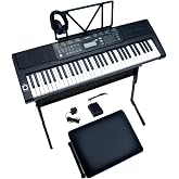 PAMIRS 61-Key Keyboard Piano Kit, X/Y Joystick for Pitch Bend &amp; Vibrato | Electronic Keyboard Set with Stand, Sustain Pedal, Headphone, Bench, Note Stickers, USB-Midi Cable, LCD Screen, All Included