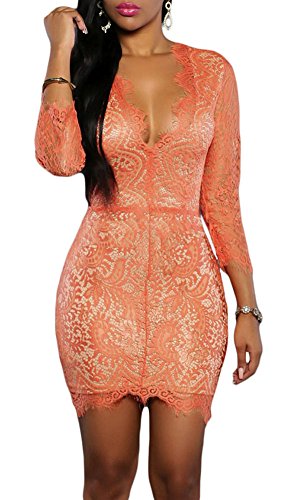 made2envy Deep V Neck Lace Nude Illusion Mini Dress (M, Coral) LC22535MC