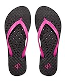 Showaflops Womens' Antimicrobial Shower & Water Sandals for Pool, Beach, Dorm and Gym - Elongated Heart Collection (Black/Pink, Womens 7/8)