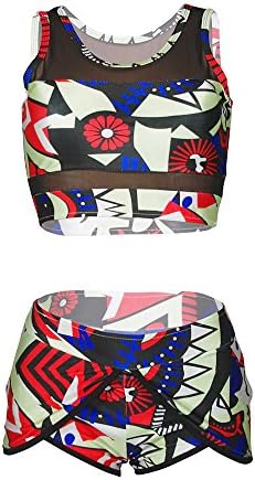 Women's African Print Bikini Set Mesh Blocked Tank Top Swimsuit (Large)