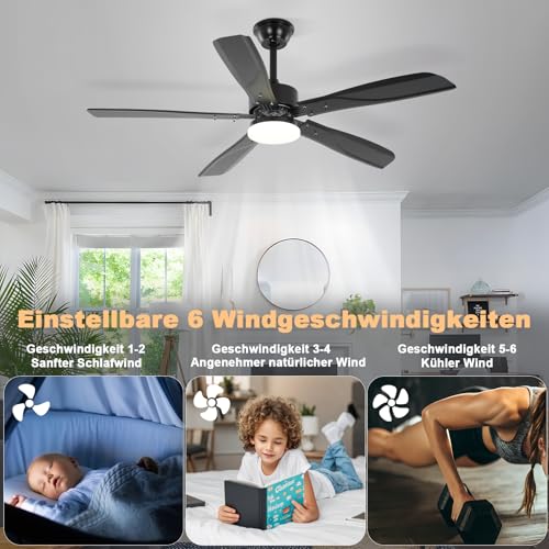Homefire Ceiling Fan with Silent Lighting – Dimmable LED 23 W Black Ceiling Lamp with Fan and Remote Control 125 cm 6 – Timer for Bedroom Kitchen