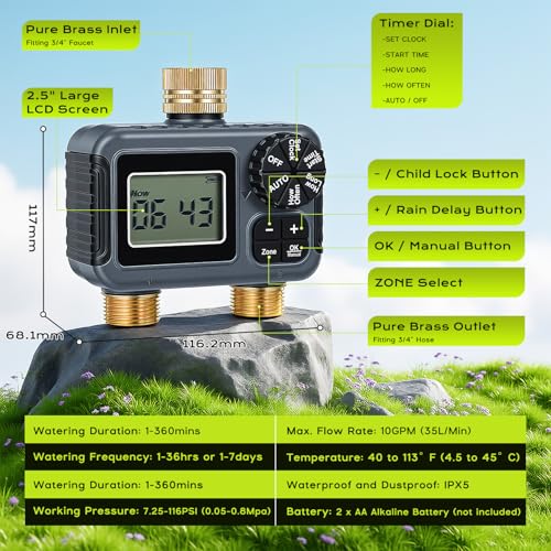 IPX5 Waterproof Automatic Watering Timer with Brass Input and Output, Rain Delay, Automatic and Manual Watering, Irrigation Timer for Garden Lawn