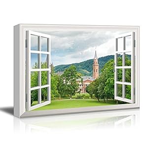 Window Facing a Church with Green Trees