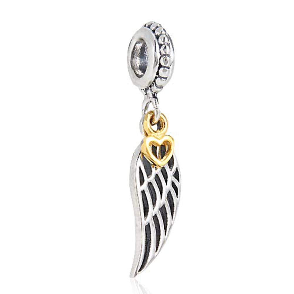 Guardian Angel Wing Charm Genuine 925 Sterling Silver Feather Pendant Bead fits European Style Bracelet (Dangling Angel Wings with Gold Heart Charm)