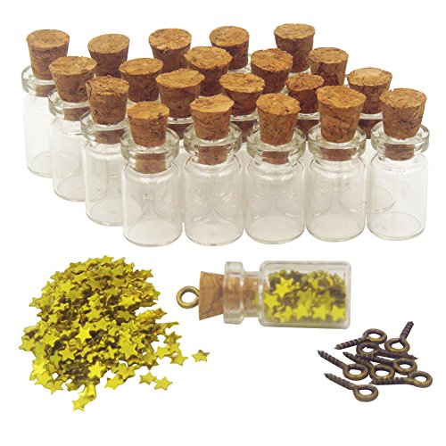 LEFV™ 100 Mini Glass Bottles 3/4inch Message Treasure Charm Pendant Kit 0.5ml Clear Vials with Corks with Star Sequin & 100pcs Eye Screws - Miniature Empty Sample Jars (Gold)