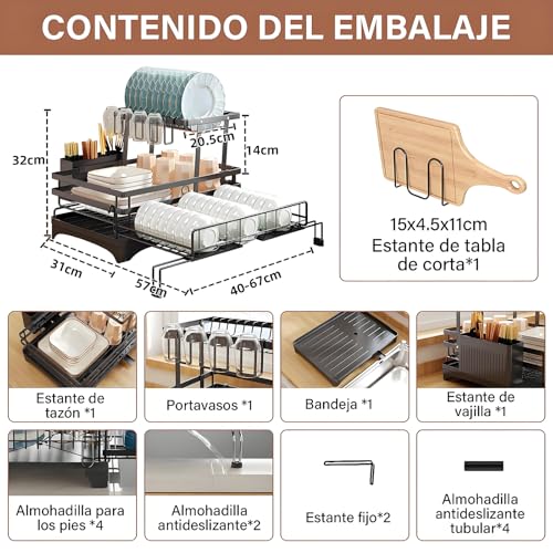 GALASALA Escurridor de Trastes, Extensible 2 Niveles Escurridor de trastes Acero Inoxidable, escurridor de Platos con Bandeja de Goteo sobre Fregadero para Encimera de Cocina