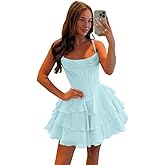 Fulbymu Spaghetti Straps Satin Short Prom Dresrses 2026 Tiered Floral Chiffon Prom Dress for Teens Cocktail Party Gowns