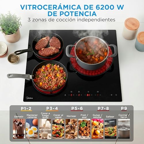 Placa Vitroceramica 3 fuegos 6200 W - Vitroceramica Integrada con Panel de control tactil, Indicador de Luz, Temporizador, Child lock y Protección por Sobrecalentamiento