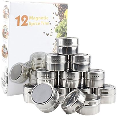 12 Magnetic Spice Tins, Boxed Container Set with Clear Top Lids | Round Stainless Steel Jars for the Fridge Wall or Kitchen Cabinets, Space Saving Storage Holders (3 oz) with Sift or Pour Option