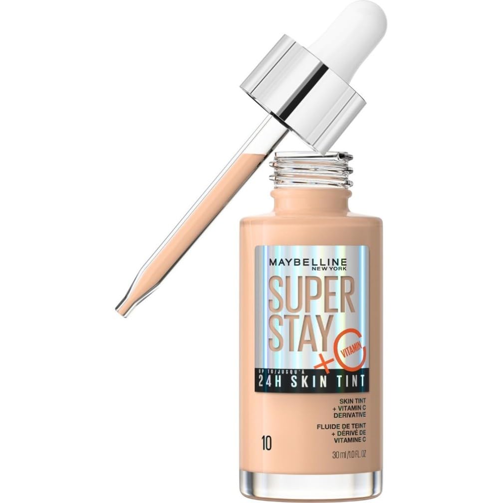 Maybelline Super Stay Skin Tint Foundation, With Vitamin C*, Brighten and Glow Serum Foundation with Long-Lasting, Buildable Coverage, Up to 24H Wear, Vegan Formula, Shade 10