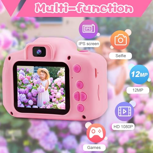 PROGRACE Kids Camera Girls Gift - Camera for Kids Dual Selfie Children Cameras Age 3 4 5 6 7 8 9 Year Old Kid Digital Cameras Toys for Kid Birthday Gift for Girls Toddlers Video Cámara Pink